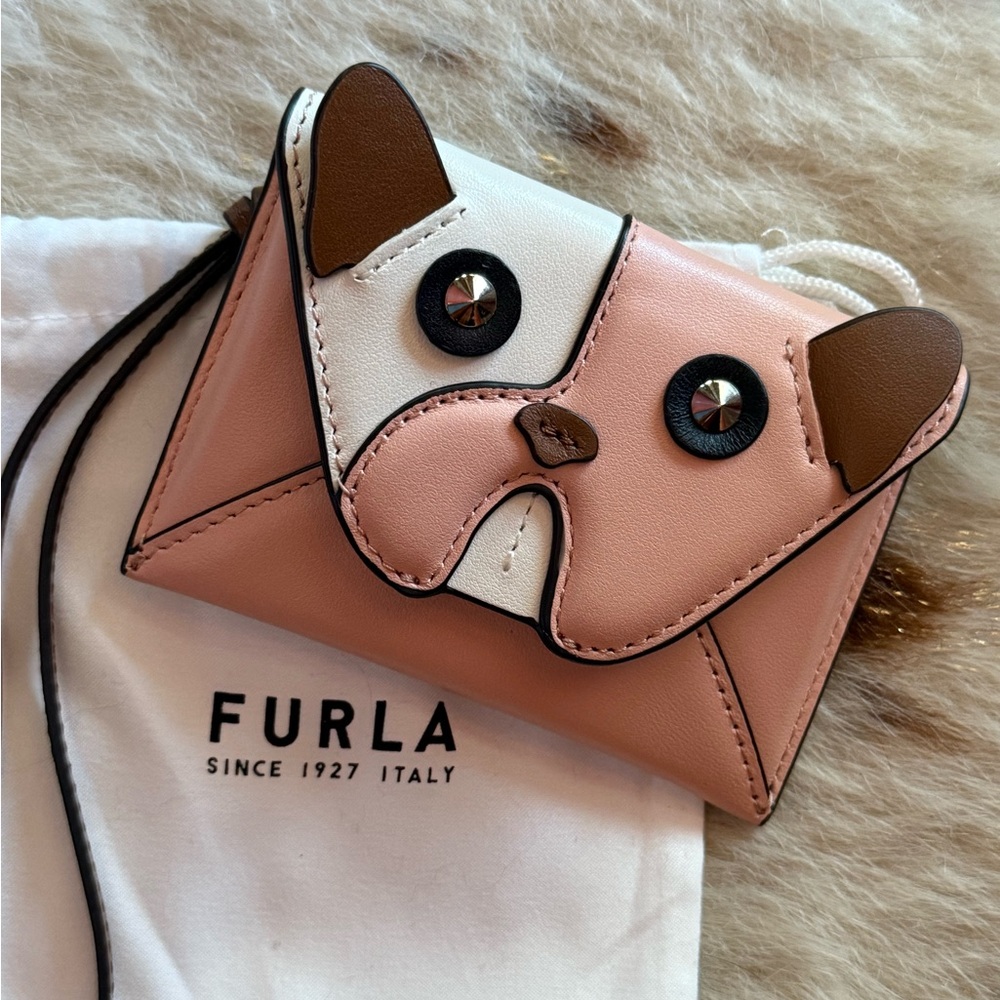 SOLD** Furla Pink and Brown Dog Face Card Holder